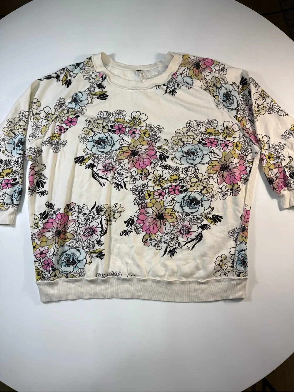 Free People 100% CottonCream Floral Crewneck Sweatshirt with Pink & Blue Flowers